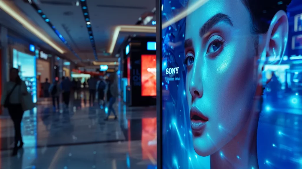 a sleek, modern digital signage screen emanates a soft glow, dynamically showcasing vibrant content in a stylish retail environment, with cinematic lighting enhancing the high-tech yet approachable atmosphere.