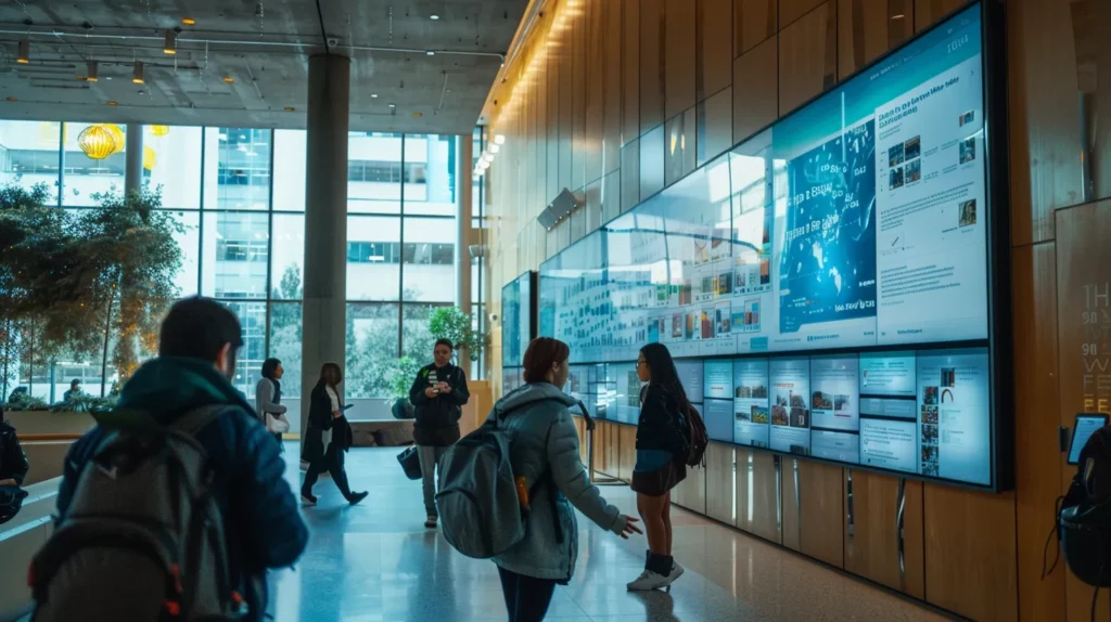 a sleek, modern digital signage screen pulsates with dynamic educational content in a bustling university lobby, surrounded by an engaged audience, illuminated by soft cinematic lighting that enhances the high-tech yet inviting atmosphere.