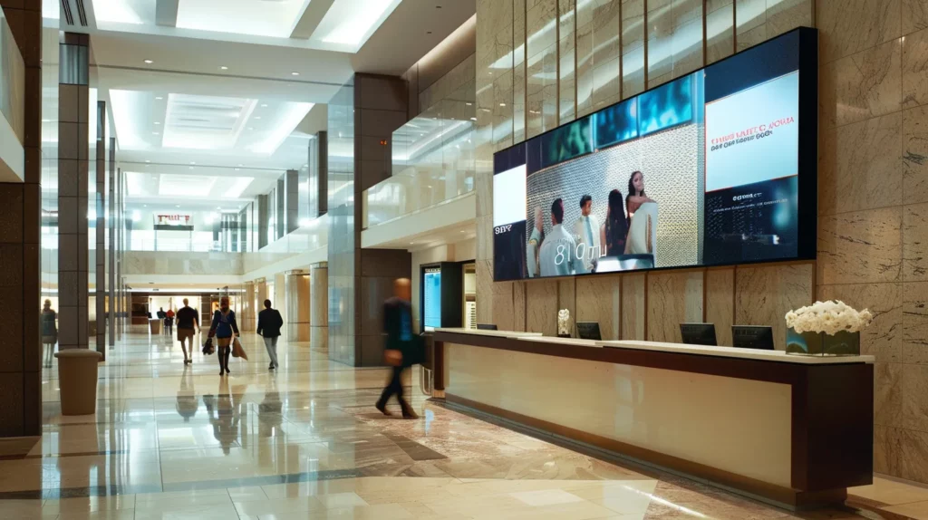 a sleek, modern digital signage display illuminates a bustling bank lobby, showcasing dynamic advertisements and customer engagement information with elegant clarity under cinematic lighting, all in a photorealistic 16:9 aspect ratio.