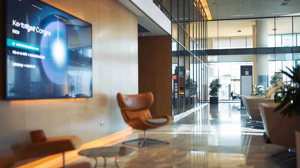 a sleek, modern digital signage screen in a bustling bank lobby, softly glowing with dynamic customer-centric content, harmoniously blending elegance and interactivity under cinematic lighting, showcasing the intersection of technology and customer experience.