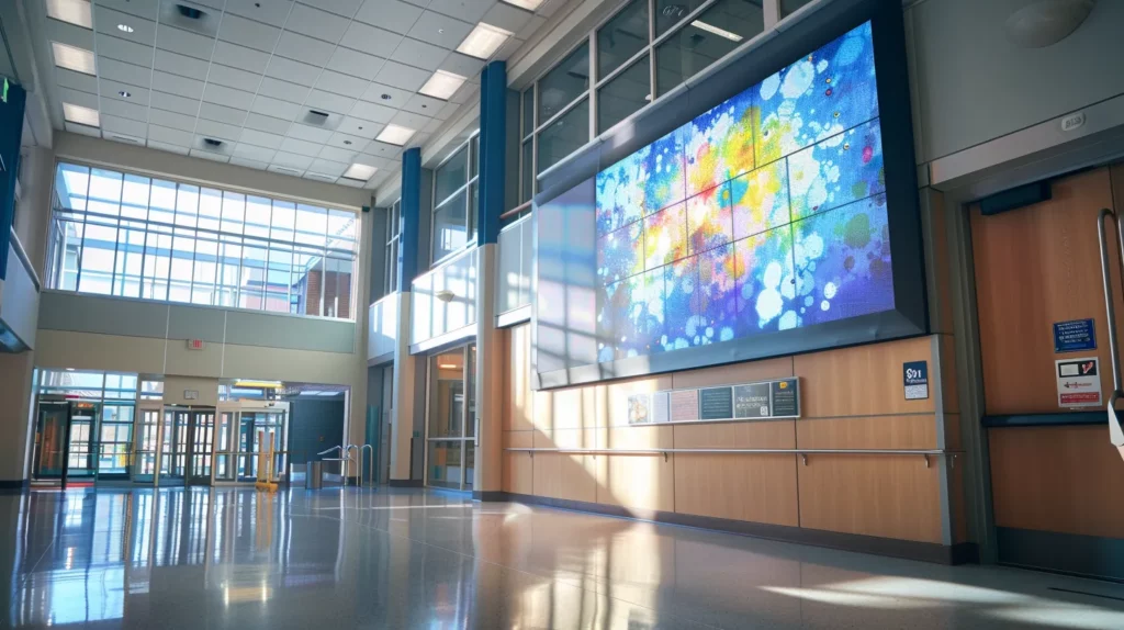 a sleek, modern digital signage screen radiates dynamic, customizable content in a bustling school lobby, illuminated by soft, cinematic lighting that enhances its high-tech yet approachable atmosphere.
