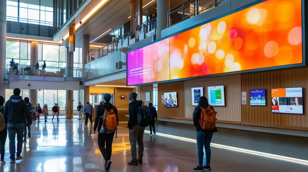 a sleek, modern digital signage screen prominently displayed in a bustling university lobby, softly glowing with vibrant, dynamic content that showcases student achievements and upcoming events, all under warm, cinematic lighting that enhances its cutting-edge, yet inviting, presence.