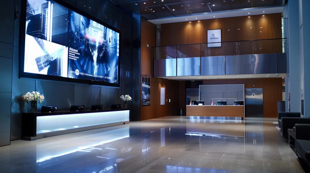 a sleek, modern digital signage screen illuminates a contemporary bank lobby with dynamic content showcasing future trends in customer engagement, surrounded by an elegant, high-tech ambiance enhanced by cinematic lighting.