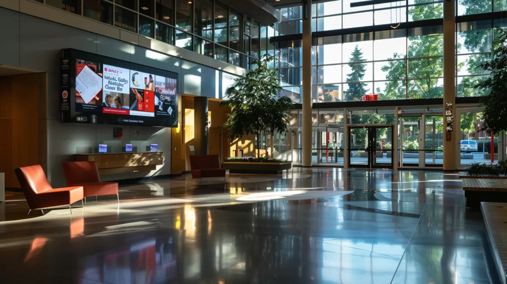 a sleek, modern digital signage screen glows softly in a bustling university lobby, displaying engaging, dynamic content that reflects the future of student communication, enhanced by cinematic lighting and a sophisticated, interactive atmosphere.
