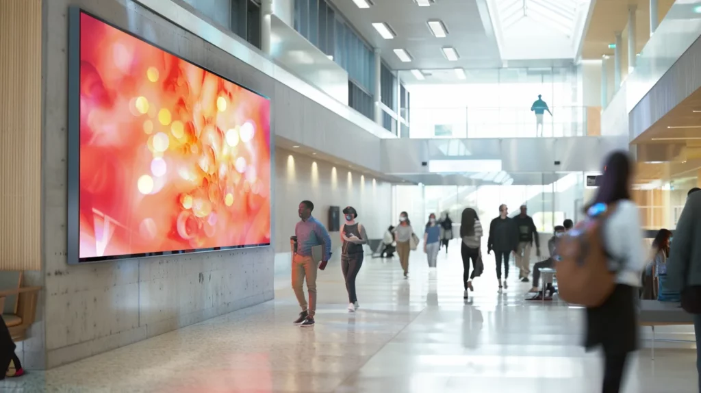 a sleek, modern digital signage screen illuminates a vibrant university lobby, showcasing dynamic educational content in a photorealistic setting, enhanced by cinematic lighting that underscores its high-tech yet approachable design.