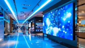 a sleek, modern digital signage screen radiates with dynamic content in a bustling retail store, illuminated by cinematic lighting that highlights its elegance and high-tech interactivity, creating a visually striking focal point in the vibrant environment.