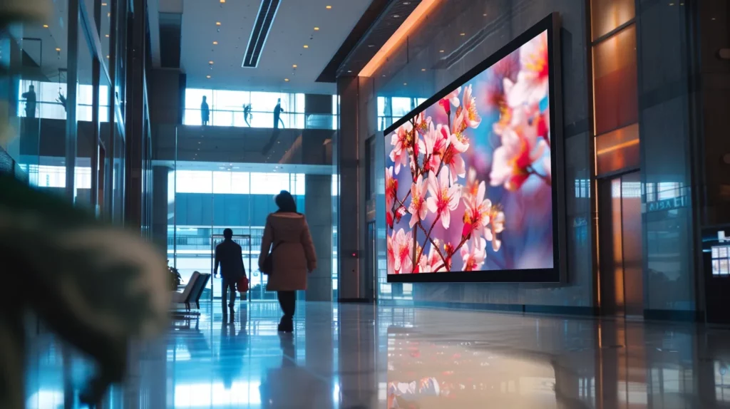 a sleek, modern digital signage screen softly illuminated in a bustling bank lobby, showcasing vibrant, dynamic content that attracts the attention of customers amidst the elegantly designed interior, all captured in cinematic lighting for a photorealistic effect.