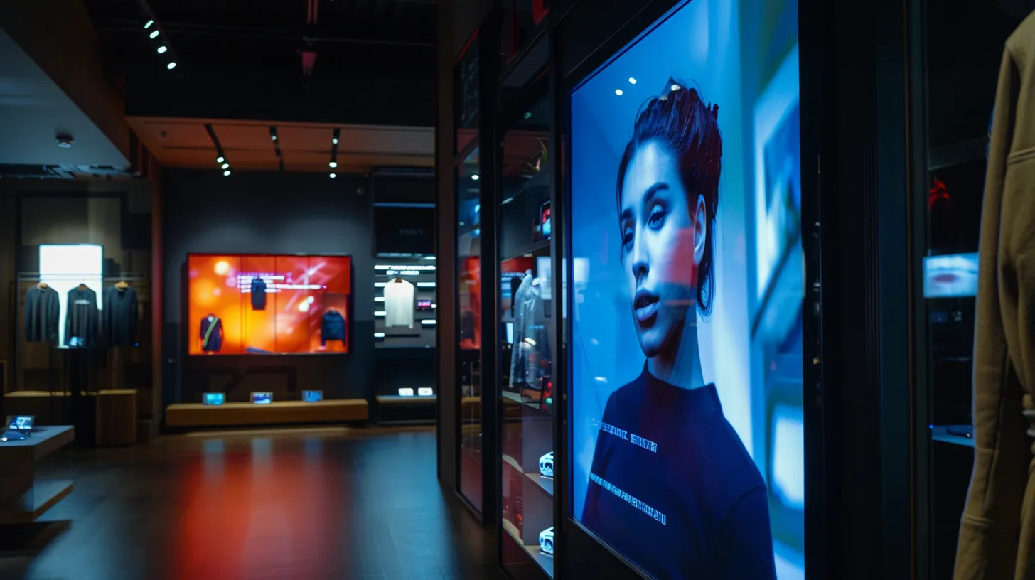 a sleek, modern digital signage screen, softly glowing with vibrant dynamic content, is prominently displayed in a stylish retail store, bathed in cinematic lighting that accentuates its high-tech, approachable design.