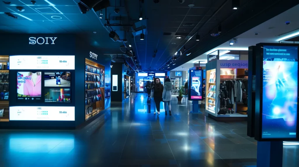 a sleek, modern digital signage display in a bustling retail environment, softly illuminated with vibrant, personalized content that communicates tailored messages to engaged customers, featuring cinematic lighting and an inviting atmosphere.