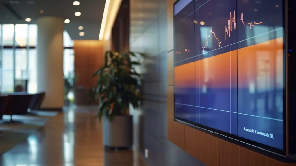 a sleek, modern digital signage screen pulsates with dynamic, user-friendly content in a stylish bank lobby, illuminated by dramatic cinematic lighting that highlights its innovative design and encourages customer engagement.