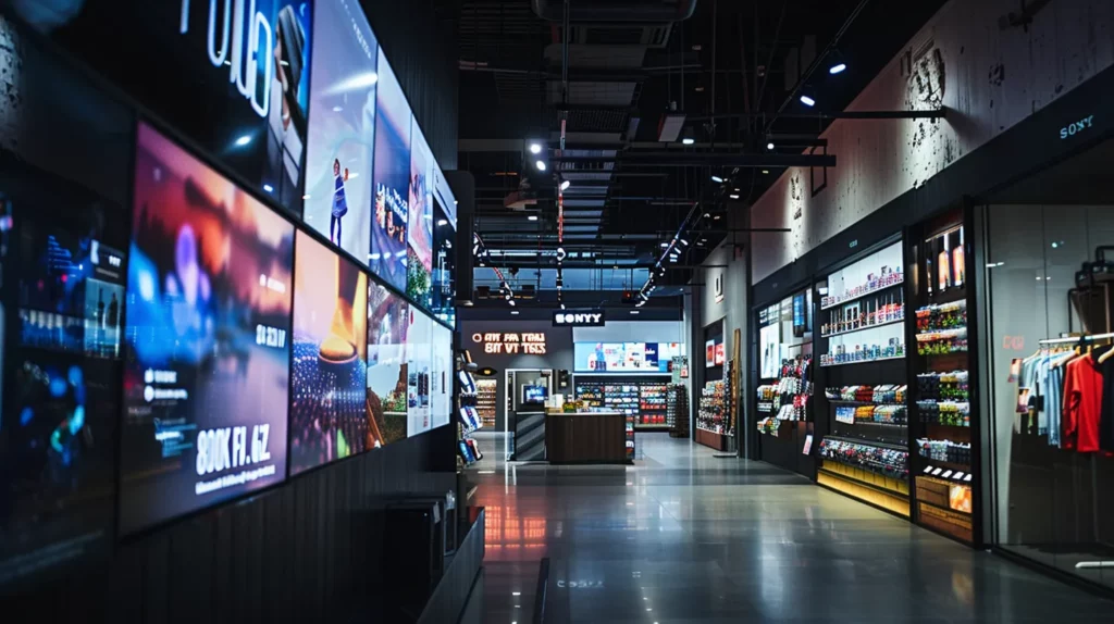 a sleek, modern digital signage screen showcases vibrant, ai-driven content in a bustling retail store, illuminated by cinematic lighting, reflecting advanced 8k technology and subtle interactivity in a dynamic urban environment.
